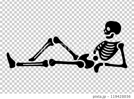 Silhouette illustration of a skeleton lying down in a sloppy pose, cut out on a transparent background Silhouette illustration of a skeleton lying down in a sloppy pose, cut out on a transparent background 119428036