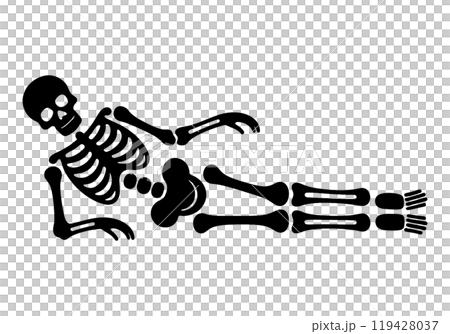 Silhouette illustration of a skeleton lying down in a sloppy pose, cut out on a transparent background Silhouette illustration of a skeleton lying down in a sloppy pose, cut out on a transparent background 119428037