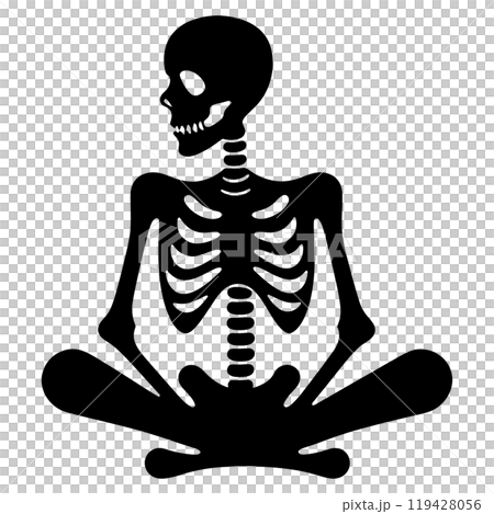 Silhouette illustration of a skeleton sitting in a sloppy pose, cut out on a transparent background 119428056
