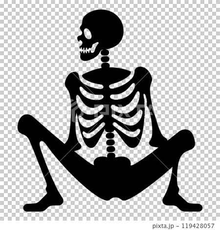 Silhouette illustration of a skeleton sitting in a sloppy pose, cut out on a transparent background 119428057