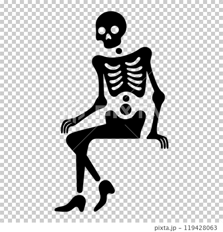 Silhouette illustration of a skeleton sitting in a sloppy pose, cut out on a transparent background Silhouette illustration of a skeleton sitting in a sloppy pose, cut out on a transparent background 119428063