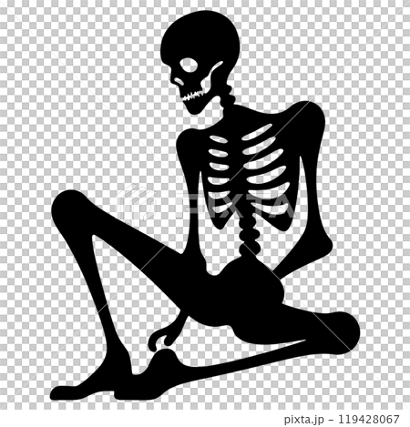 Silhouette illustration of a skeleton sitting in a sloppy pose, cut out on a transparent background 119428067