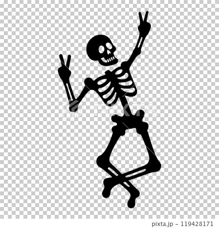 Silhouette illustration of a skeleton making a silly peace sign pose, cut out on a transparent background Silhouette illustration of a skeleton making a silly peace sign pose, cut out on a transparent background 119428171