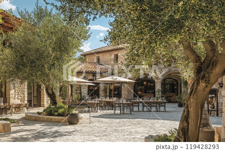 Charming outdoor dining area of a stone-built Mediterranean restaurant, surrounded by ancient olive trees, featuring tables set for alfresco meals under warm sunlight Charming outdoor dining area of a stone-built Mediterranean restaurant, surrounded by ancient olive trees, featuring tables set for alfresco meals under warm sunlight 119428293