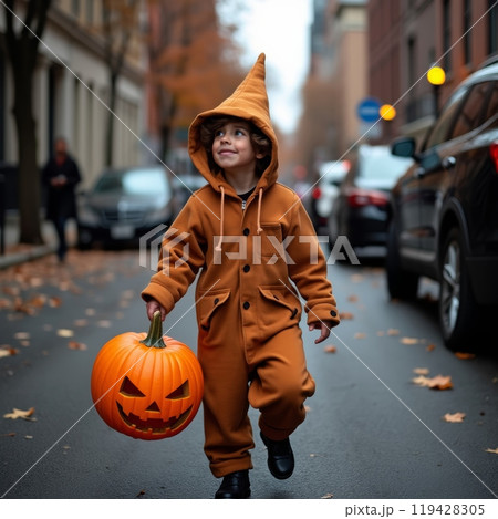 A young child in an orange pumpkin costume walks on a city street surrounded by parked cars and fall foliage 119428305