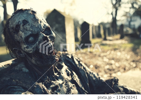 Close-up of a decaying zombie face with empty eye sockets in the foreground, blurred cemetery headstones visible in the background 119428341