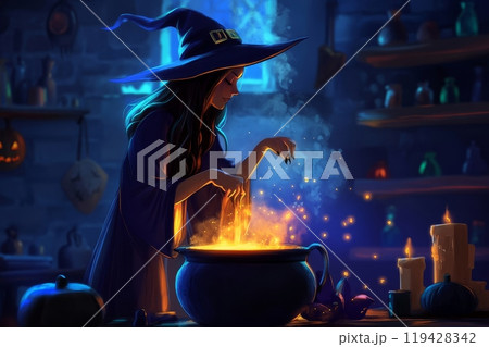 Digital illustration of a witch in a pointed hat casting a spell over a glowing cauldron, surrounded by magical items in a dimly lit, mystical room 119428342