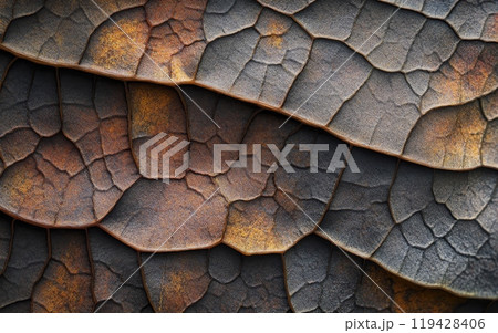 Close-up of intricate dried leaf veins forming a complex natural pattern, showcasing nature's delicate structures and textures 119428406