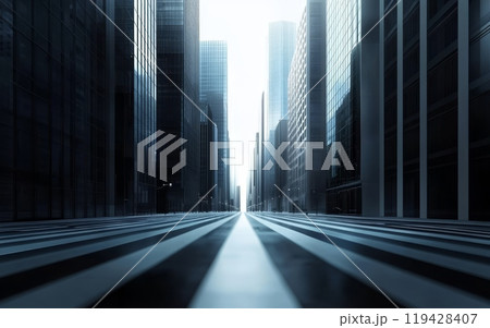 Striking minimalist cityscape with towering glass skyscrapers, creating a geometric urban landscape bathed in soft light 119428407