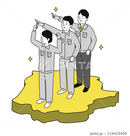 岡山県で働くイメージイラスト、笑顔の作業服の男女 119428499