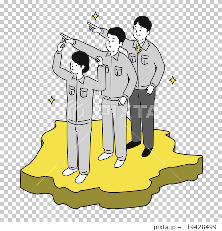 岡山県で働くイメージイラスト、笑顔の作業服の男女 119428499