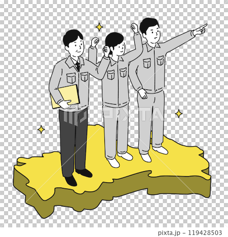 山口県で働くイメージイラスト、笑顔の作業服の男女 119428503