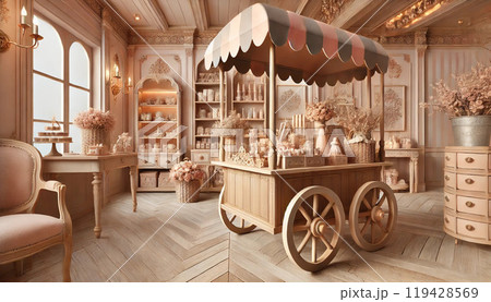 レトロな木製カートのある店内 119428569