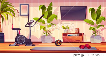 Home sport and fitness gym interior cartoon vector Home sport and fitness gym interior cartoon vector 119428595