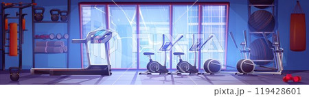 Cartoon gym with equipment, rainy cityscape view Cartoon gym with equipment, rainy cityscape view 119428601