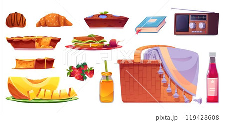 Wicker basket, food and drinks for picnic in park. 119428608