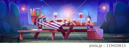 Picnic basket in night city park with table vector 119428613