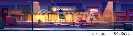 Night supermarket and autos on parking lot 119428617