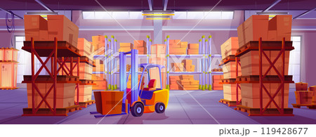 Warehouse interior with boxes, shelves, forklift Warehouse interior with boxes, shelves, forklift 119428677