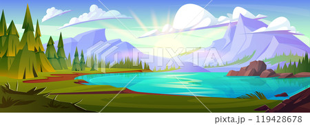 Mountain lake near forest nature vector background Mountain lake near forest nature vector background 119428678