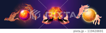 Magic energy balls in witch hands set Magic energy balls in witch hands set 119428691
