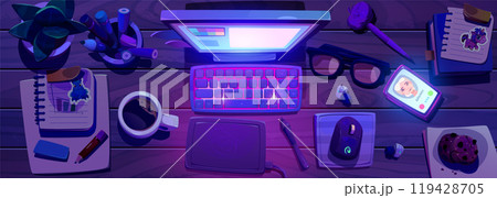 Top view of designer workspace at night 119428705