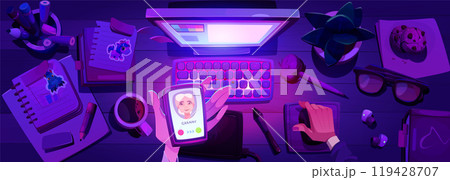 Late night work office table with computer vector 119428707