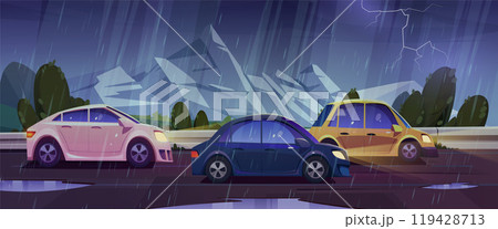 Rain and thunder on mountain car road background Rain and thunder on mountain car road background 119428713