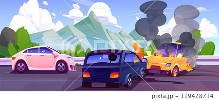 Car crash accident on mountain road traffic vector Car crash accident on mountain road traffic vector 119428714