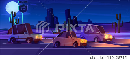 Night desert road landscape with car and cactus Night desert road landscape with car and cactus 119428715