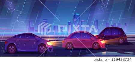 Cars drive in rain with thunderstorm in city 119428724