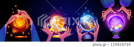 Magic glowing fortune glass ball in female hands 119428734