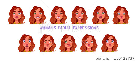 Cartoon woman character face emotion vector set 119428737