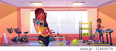 Fit black woman in sport gym for workout exercise 119428776