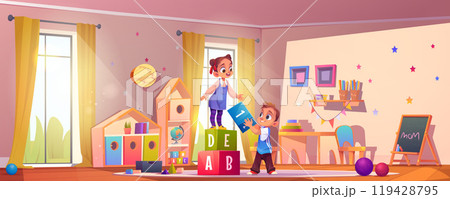 Happy children playing in kindergarten 119428795