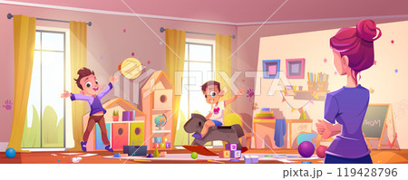 Mom and children in messy kid room cartoon vector Mom and children in messy kid room cartoon vector 119428796