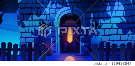 Brick wall of house with door at night. 119428847