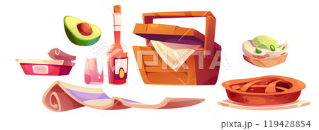 Set for picnic in park with wicker basket 119428854