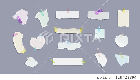 Pieces of paper with torn edges and adhesive tape. Pieces of paper with torn edges and adhesive tape. 119428894