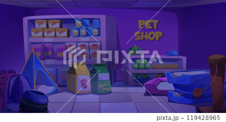 Closed pet shop interior at night. Closed pet shop interior at night. 119428965