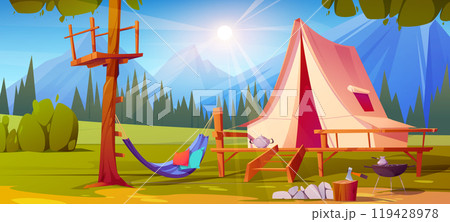 Mountain camp tent in summer forest illustration Mountain camp tent in summer forest illustration 119428978