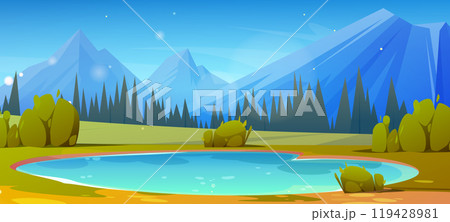 Cartoon landscape with lake and mountains 119428981