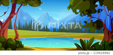 Mountain lake in forest nature landscape vector 119428982