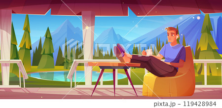 Man sits relaxing and drinking tea outside 119428984