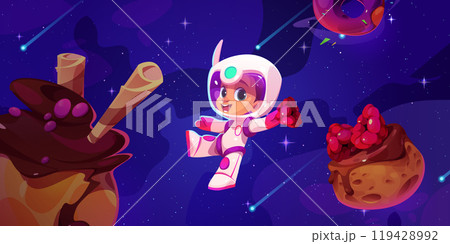 Cute kid astronaut flying in fantasy space 119428992