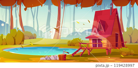 Wooden cabin house in autumn forest vector cartoon 119428997