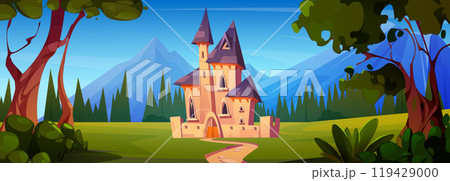 Medieval royal castle near forest and mountains. Medieval royal castle near forest and mountains. 119429000
