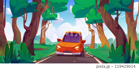 Red car driving along asphalt road in forest. 119429014