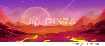 Game alien planet landscape with red surface. Game alien planet landscape with red surface. 119429019