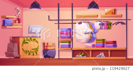 Cloth boutique interior with clothes and shoes 119429027